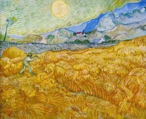 Van Gogh paesaggio con covoni e luna crescente apertura