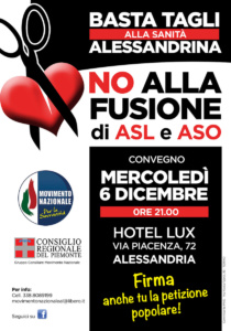 Basta tagli alla sanità alessandrina: mercoledì convegno del Movimento Nazionale contro la fusione Asl Aso CorriereAl